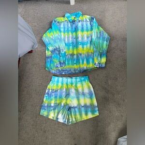 Cotton Citizen Santorini Shorts and Button down in Blue and Green Tie Dye